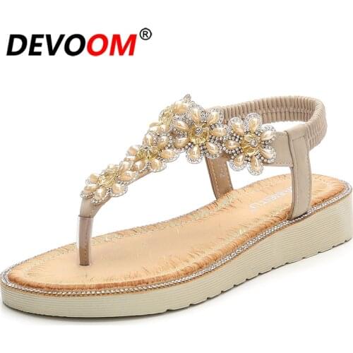 Fashion New Rhinestone Sandals Women Summer Sandals Comfortable Cork Sandals Sexy Pearl Studded Sandales Femmes Plat For Ladies