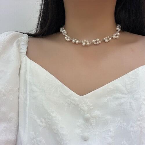 Gentle Vintage Freshwater Pearl Necklace Natural Baroque Irregular Multilayer Woven Clavicle Chain Necklace Bracelet for Women
