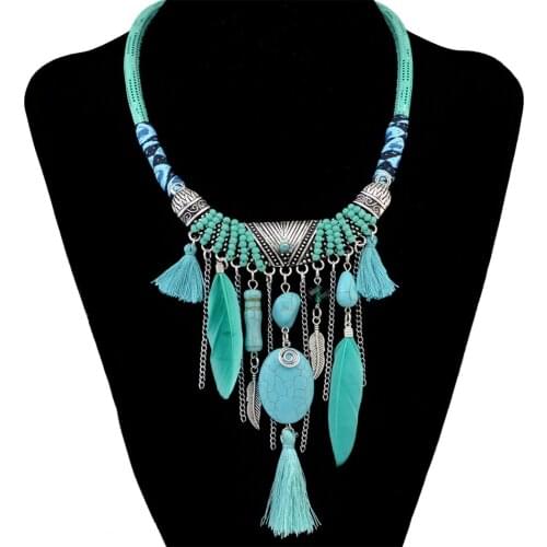 Fashion Bohemian Ethnic Vintage Leather Chain Resin Bead Necklace Green Stone Feather Tassel Wings Statement Necklace For Women