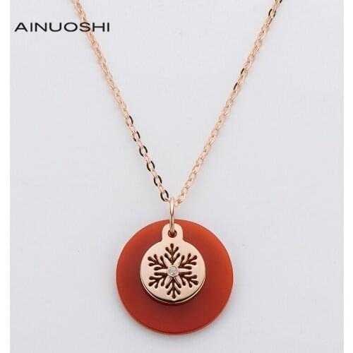 AINUOSHI 0.004ct Real Diamond Round 2.15ct Red Agate Snowflakes 18K Rose Gold Pendant Necklace For Women Charm Jewelry Gift 18