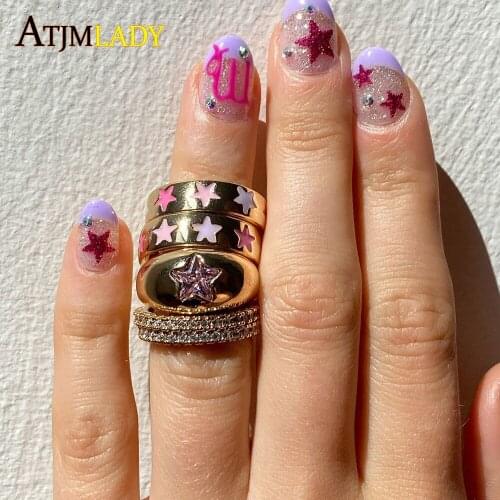 18K Gold Plated Luxury Fashion Jewelry High Quality Engraved Pinky Pink Cz Paved Star Signet Iced Out Bling Dome Ring For Women