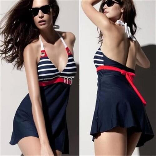 Striped Swimsuit Monokini One-piece Swimming Bathing suit With Skirt Women Swimdress Plus Size Halter Vintage Swimwear Thong 4XL