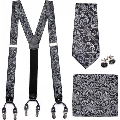 Shirt Suspenders Black Paisley Silk Tie Set Leather Western-style Trousers Men Braces Adjustable 6 Clips Suspenders Barry.Wang