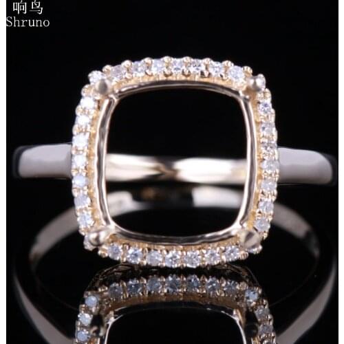 Shruno Solid 10K Yellow Gold Pave 0.2ct Natural Diamond Fine Jewelry Semi Mount Engagement Ring Setting Fit Cushion 9X9mm