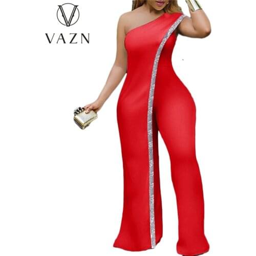 VAZN 2021 Top Quality Gowns Formal Party Young Sexy Sleeveless One Shoulder High Waist Women Long Pencil Jumpsuits