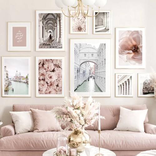 Venice Canal Flower Brown Dress Column Hall Church Nordic Poster Wall Art Print Canvas Painting Decor Pictures For Living Room