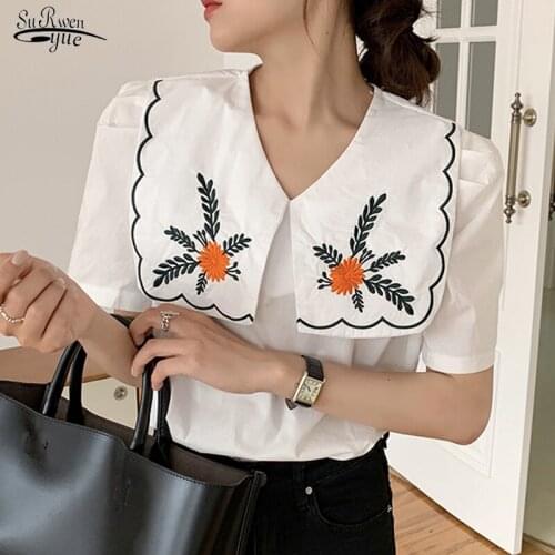 Summer Loose Casual Lapel All-match Shirt Korean Style Embroidered Floral Blouse Women Chic Navy Collar Short Sleeve Top 15156