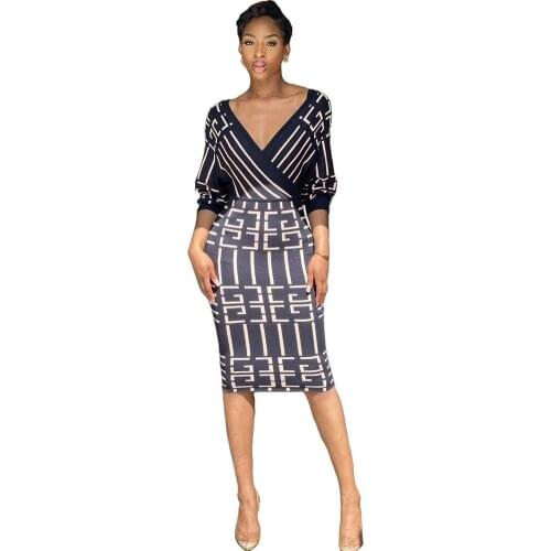 Ladies Sexy Club Clothing Print Stitching V-Neck Dress