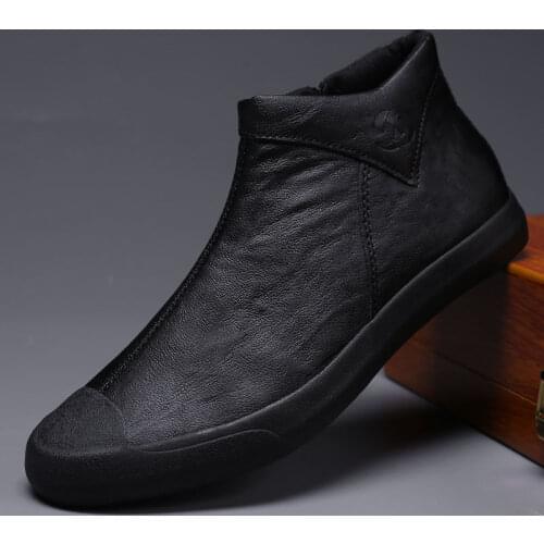 Winter Soft Leather Martin Boots Men Casual Ankle Booties Outdoor Tooling Leather Shoes Autumn British High-top Zipper Men Shoes