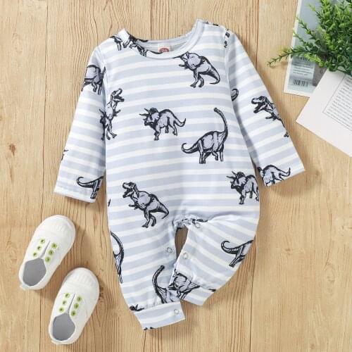 Baby Stripe Dinosaur Print Romper Newborn Boys Long Sleeve O-neck Jumpsuit for Spring Autumn Cotton Clothing