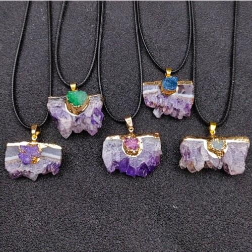 FYJS Unique Light Yellow Gold Color Irregular Shape Amethysts Stone Cluster Pendant Rope Chain Necklace Fashion Jewelry
