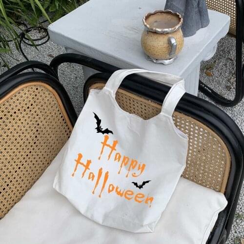 Harajuku Oversized Happy Halloween Print Canvas Women Reusable Travel Foldable Large Grocery Totes Eco Friendly Y2k Shopping Bag