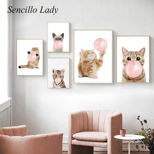 Pink Bubble Cat Tiger Animal Canvas Painting Nursery Child Poster Art Print Creative Picture Nordic Kid Baby Play Room Decor