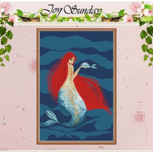 Red-haired Mermaid Painting Counted Cross Stitch 11CT 14CT Cross Stitch Set Wholesale DIY Cross-stitch Kit Embroidery Needlework