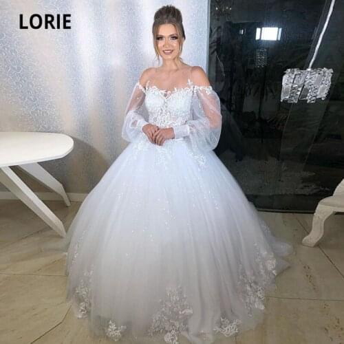 LORIE Ball Gown Wedding Dresses 2021 Long Puff Sleeves O-Neck Appliques Lace Arabic Wedding Gown White Ivory Bridal Dress