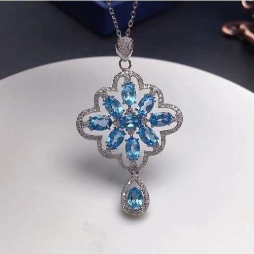 Fashion Silver Topaz Pendant for Wedding 4mm*6mm Natural Light Blue Topaz Necklace Pendant Solid 925 Silver Topaz Jewelry