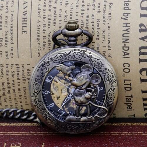 Fahion New Bronze Lovely Anime Mouse Kids Mechanical Pocket Watch Skeleton Dial Pocket & Fob Watches Gift For Children PJX1309