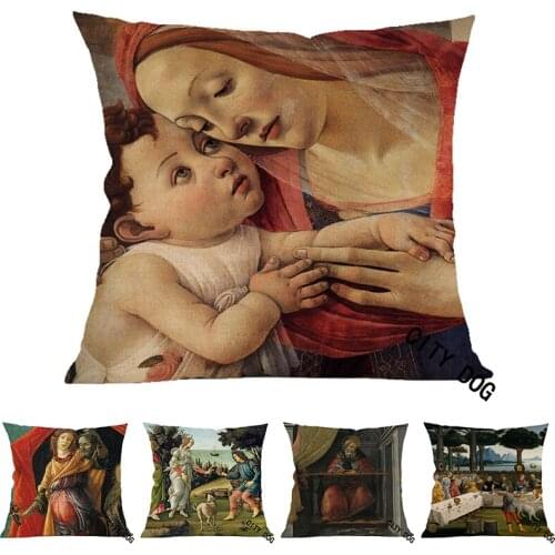 Christian Jesus Madonna and child with two angels Painting art Cotton and linen 45cm square pillow Cushion cover Home sofa Decor