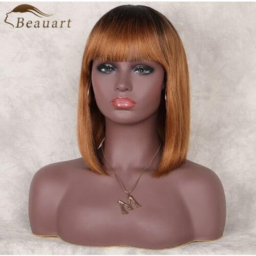 Beauart Bob Cut Machine Wigs 100% Human Hair Short Straight Brown Hair Wig With Hair Bangs For Black Women Bob Full Wigs