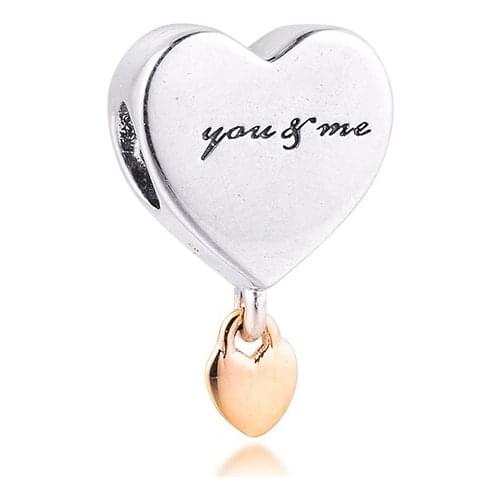 Fits For Pandora Charms Bracelets Two Hearts Beads with 14K Real Gold 100% 925 Sterling-Silver-Jewelry Free Shipping