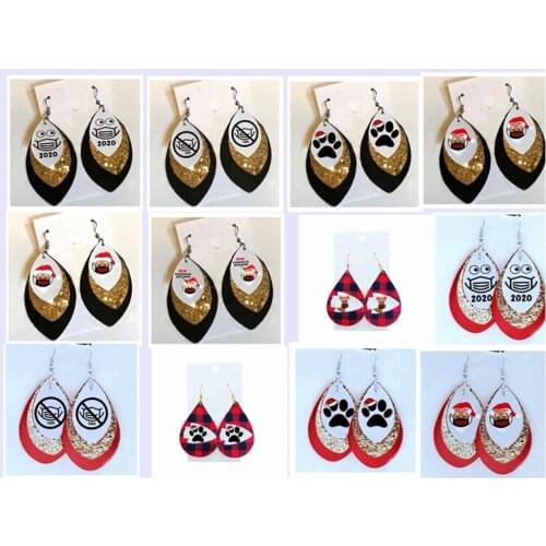 Striped Leather Teardrop Earrings Navy Black And White Double Layers Leather Leaf Earrings Gift For Her Fashion 2019