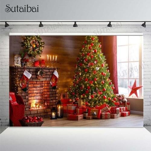 Merry Christmas Backdrop Fireplace Xmas Tree Gifts Wreath Santa Socks Photo Background Photography Famliy Party Custom Banners