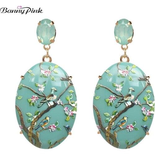 Banny Pink National Element Resin Printed Flower Birds Pendant Dangle Earrings For Women Chunky Geo Oval Statement Drop Earrings