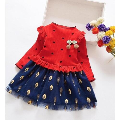 Cute Autumn Kids Girls Floral Print Long Sleeve Patchwork Shirt Top Tutu Tulle Dress fit for 1 to 9 years old girls Floral