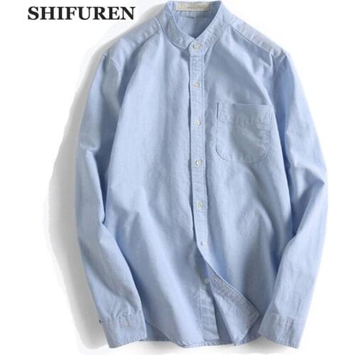 SHIFUREN Long Sleeve Causal Shirts Men 100% Pure Cotton Stand Collar Male Dress Shirts Male Camisa Masculina Top Size M-2XL