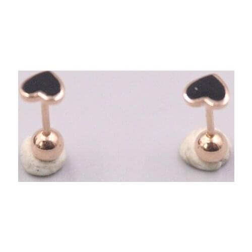 Pure 18K Rose Gold Earrings Women Gift Lucky Enamel Black Heart Stud Earrings / 0.8g / 11*5mm