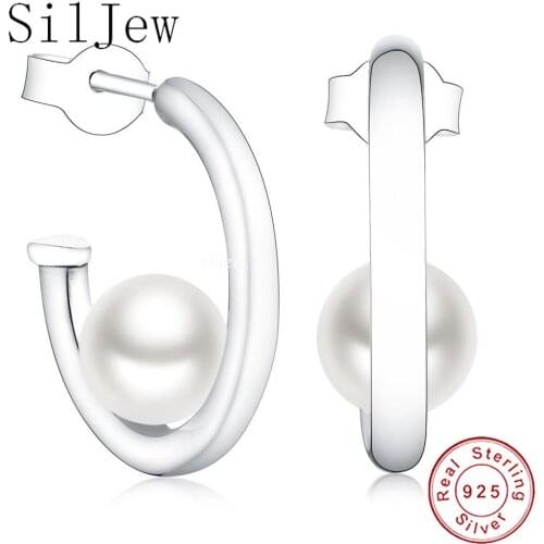 SilJew Authentic Fashion 925 Sterling Silver Moon Stud Earrings for Women Girls Pearl Earrings Fine Jewelry Gift Oorbellen