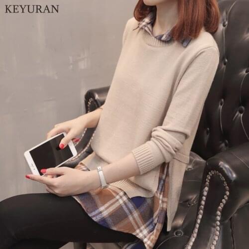 Autumn Winter Knitted Sweater Women 2020 Fashion Shirt Collar Fake Two Pieces Medium Length Patchwork Pullovers Sweater Female