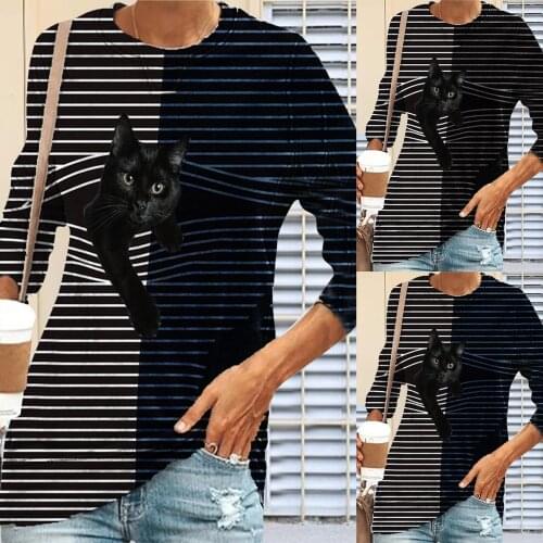 Cat print loose round neck long sleeve womens top slim high T-shirt Top Blouse Pullover t shirt women top mujer