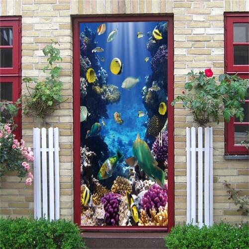 Sea World Door Sticker Vinyl DIY Self Adhesive Waterproof Removable Poster Wolf Deer Wall Mural Decals Home Design deurposter