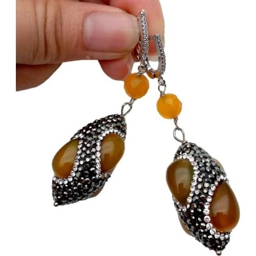 YYGEM yellow agate trimmed with black rhinestone Cubic Zirconia Pave Lever back Earrings