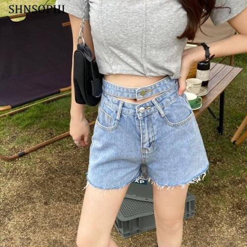 2021 Ins Summer Denim Blue Shorts Women Highwaist Wide Leg Sexy Vintage Jeans Hollow Waist Boyfriend Femme Fashion Clothes