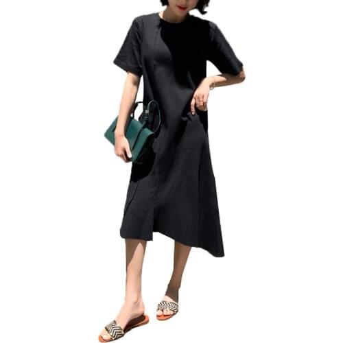 NYFS Summer Dress 2021 New Korean Loose Black Color Long Dress Vestidos Robe Elbise Fashion Short Sleeve Solid Woman Dress