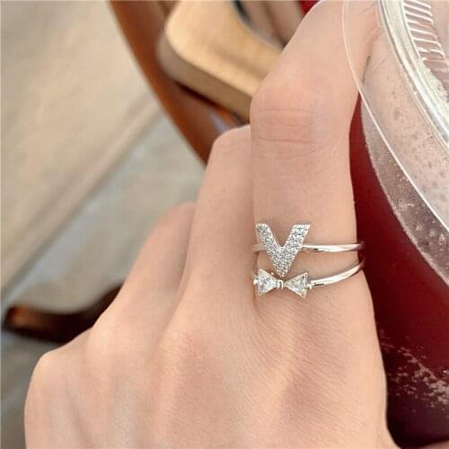 VSnow Fashion Double Layer Letter V Bowknot Ring for Women Femme Delicate Cubic Zircon Open Adjustable Index Finger Ring Jewelry