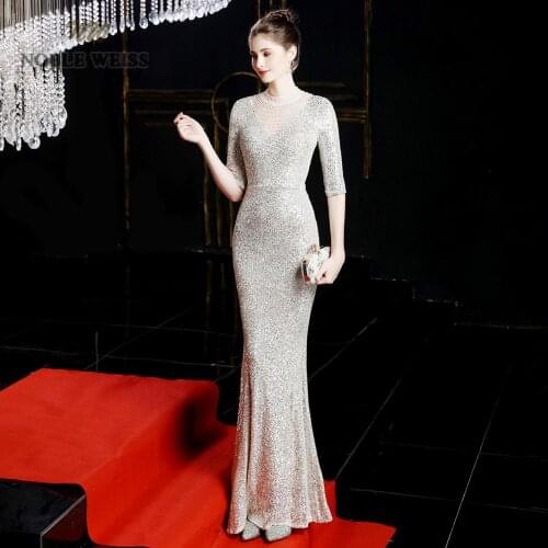 Evening dresses 2019 gold mermaid elastic sequin beading party dress sexy long prom gown with half sleeves