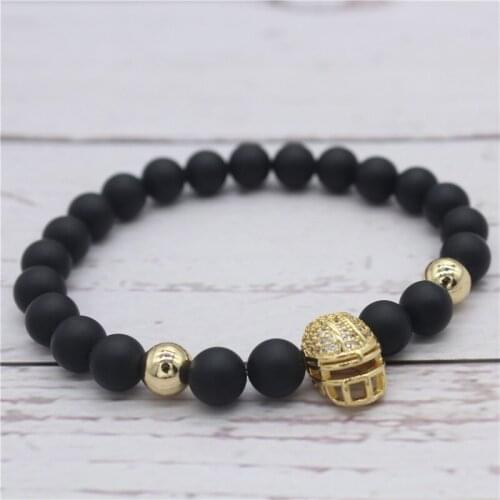 Golden Helmet Shape Cubic Ziconia Bracelets for Men 8mm Black Natural Stone Beads Charm Jewelry Pulseira Masculina MBR180225