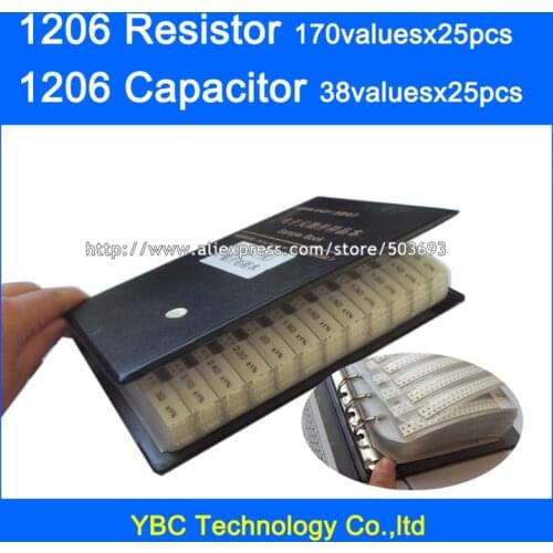 1206 SMD Resistor 0R~10M 1% 170valuesx25pcs=4250pcs + Capacitor 38valuesX25pcs=950pcs 10PF~22uF Sample Book