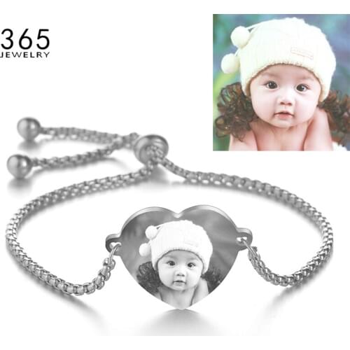 Personalized Stainless Steel Engrave Photo Name Bracelet Women Child Customized Adjustable Heart ID Tag Bracelets Birthday Gift