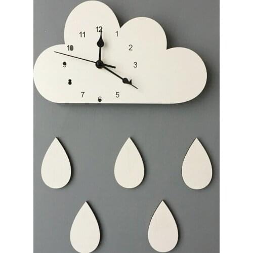Wooden Cloud Raindrop Shaped Design Cartoon Monochrome Wall Clock For Children Nursery Room Decor Figurines Photography Prop