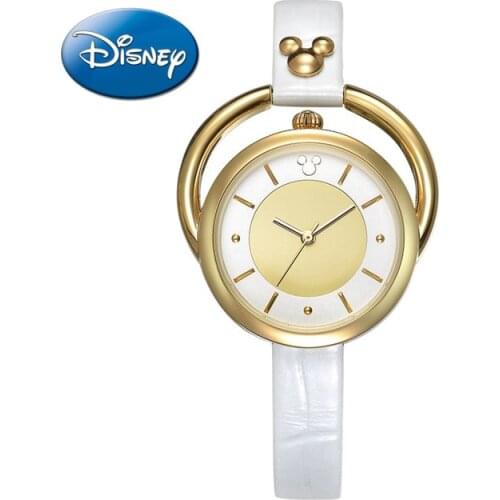 Disney Authorized Brand Luxury Womens Gold Watch Creative Rotating Ring Dial Fashion Ladies Dress Clock Leather Strap MK-11023