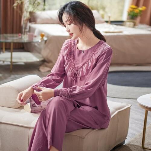 Elegant Lace Princess Pajamas Sets Soft Nightwear Autumn Woven Modal Pyjamas Female Solid Sleepwear Big Yards 3XL Pijamas Mujer