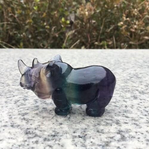 Natural Rainbow fluorite crystal carvings rhinoceros Figurine for Decoration