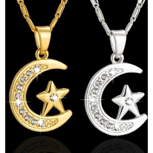 Exquisite Gold Plated Crescent Star Zircon Necklace Pendant Charm Crystal Moon Star Necklace Wedding Jewelry Lovers Gift