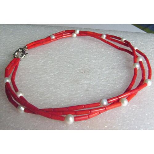 Red Coral White Real Pearl Twisted Choker Collar Necklace Handmade