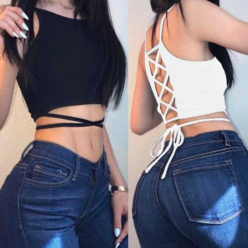 Summer Sexy party tops Backless Hollow Out Fitness Sleeveless Short Crop Tops Camisoles streetwear black lace up Crop Tops