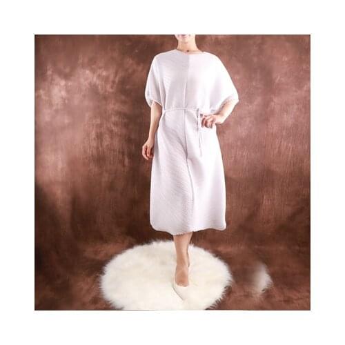 HOT SELLINGMiyake fashion fold o-neck solid dress HALF sleeve loose bud dress IN STOCK